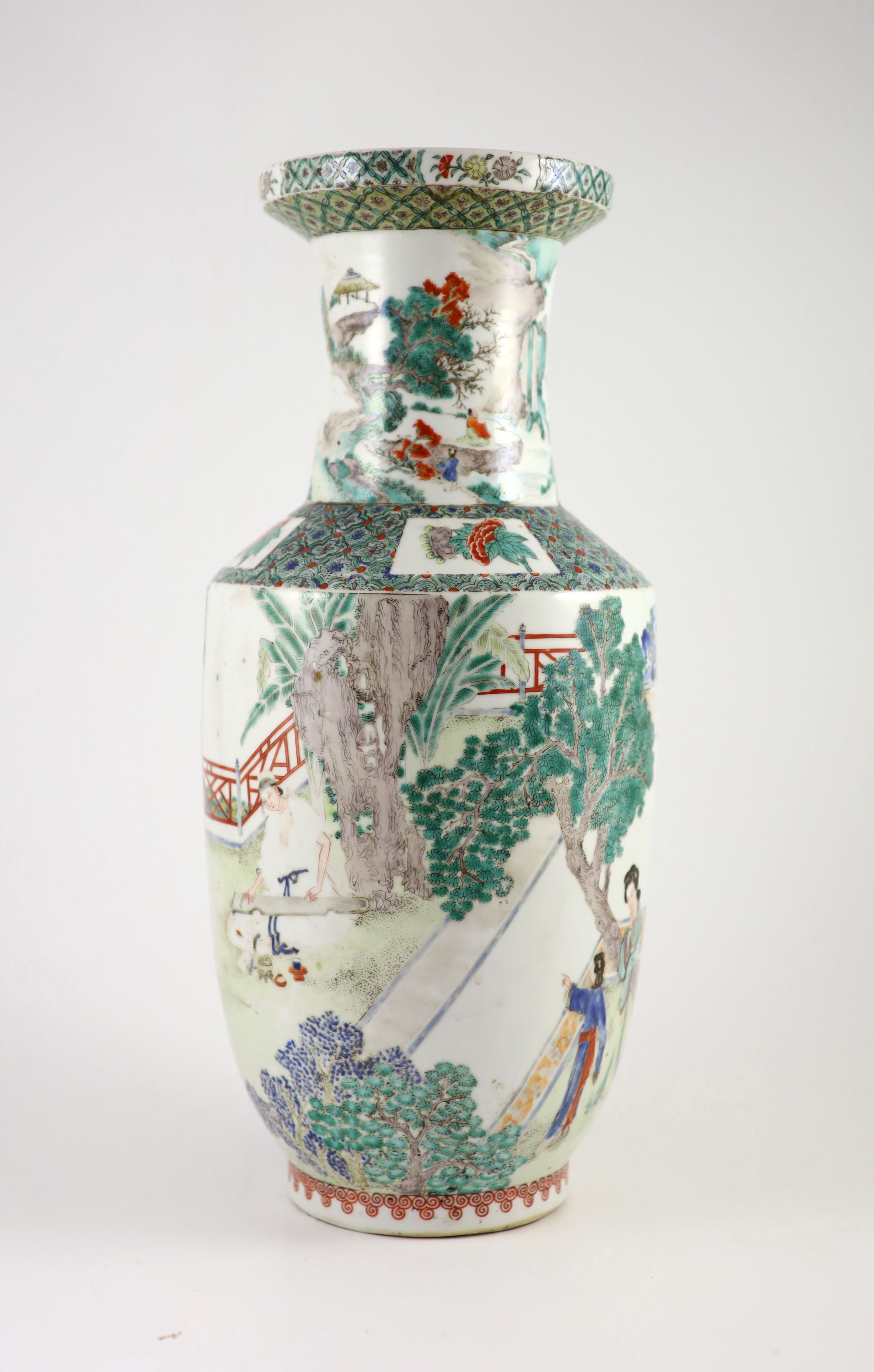 A Chinese famille verte rouleau vase, late 19th century, 43.5cm high, small splinter chip to rim